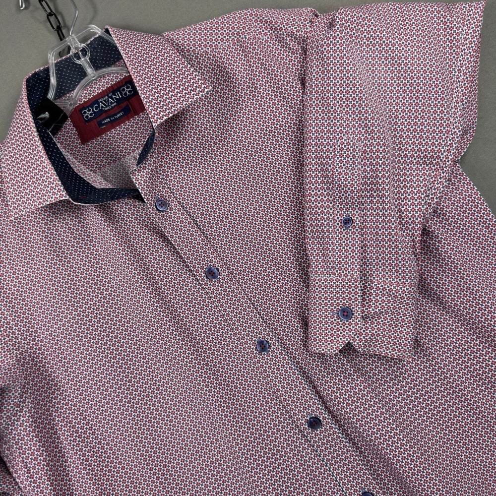 House of Cavani Shirt Mens XL Red Navy Geometric Long Sleeve Button Down Top